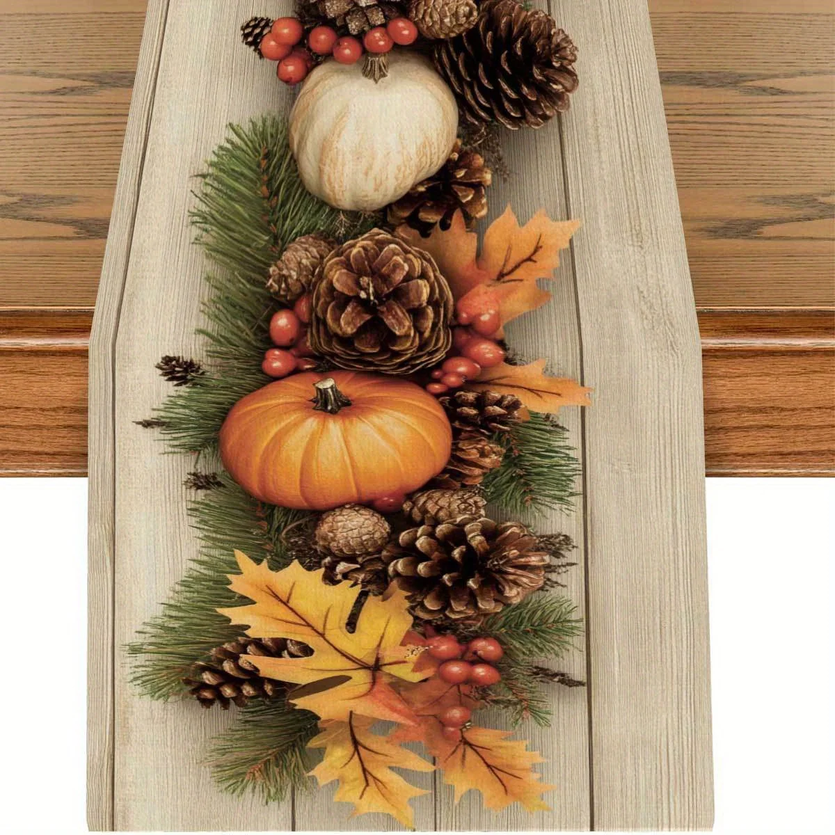 1-teiliger Herbstwald-Tischläufer, Kürbis mit Holzboden, Tannenzapfen, Herbstblätter, geeignet für Restaurants, Heimtextilien, Erntepartys, Pastoralmarkt.