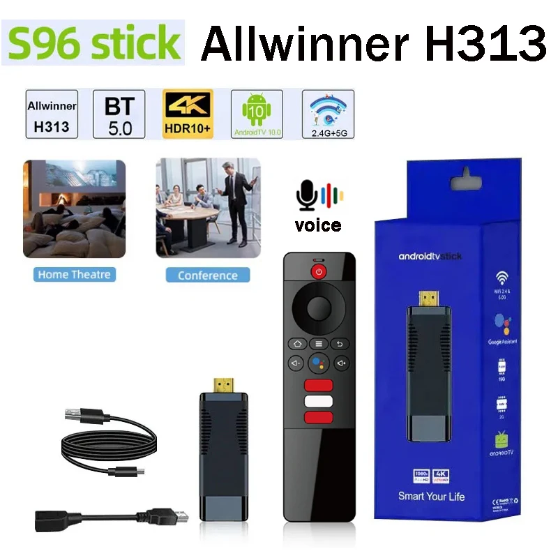 S96 ATV Smart TV Stick 2 GB/16 GB Android 10.0 AllWinner H313 Quad Core 4G/5G Dual WiFi BT5.0 Sprachfernbedienung TV Stick Image