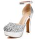 Women's Glitter Platform Sandals 12cm Chunky Heel 3.5cm Sole Round Toe Ankle Strap PU Leather Slip-Resistant Extended Sizes (34-48),Silver,11 UK