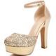 Women's Glitter Platform Sandals 12cm Chunky Heel 3.5cm Sole Round Toe Ankle Strap PU Leather Slip-Resistant Extended Sizes (34-48),Gold,6 UK