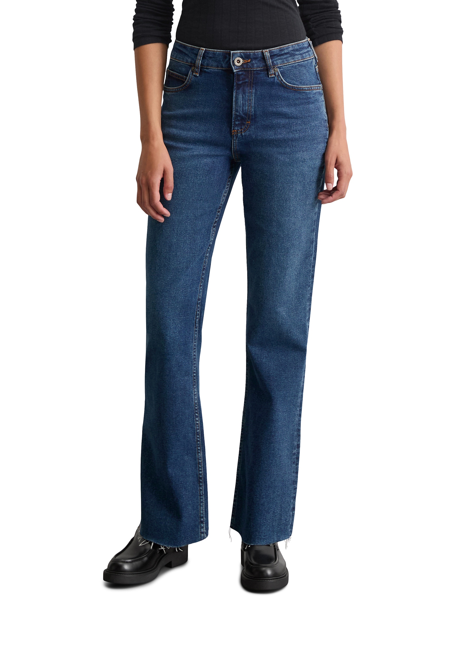 Schlagjeans MARC O'POLO "aus Organic-Cotton-Mix-Stretch", Damen, Gr. 33, Länge 34, blau (dunkelblau authentic wash), Obermaterial: 98% Baumwolle, 2% Elasthan, unifarben, Casual, ausgestellt normal, Jeans