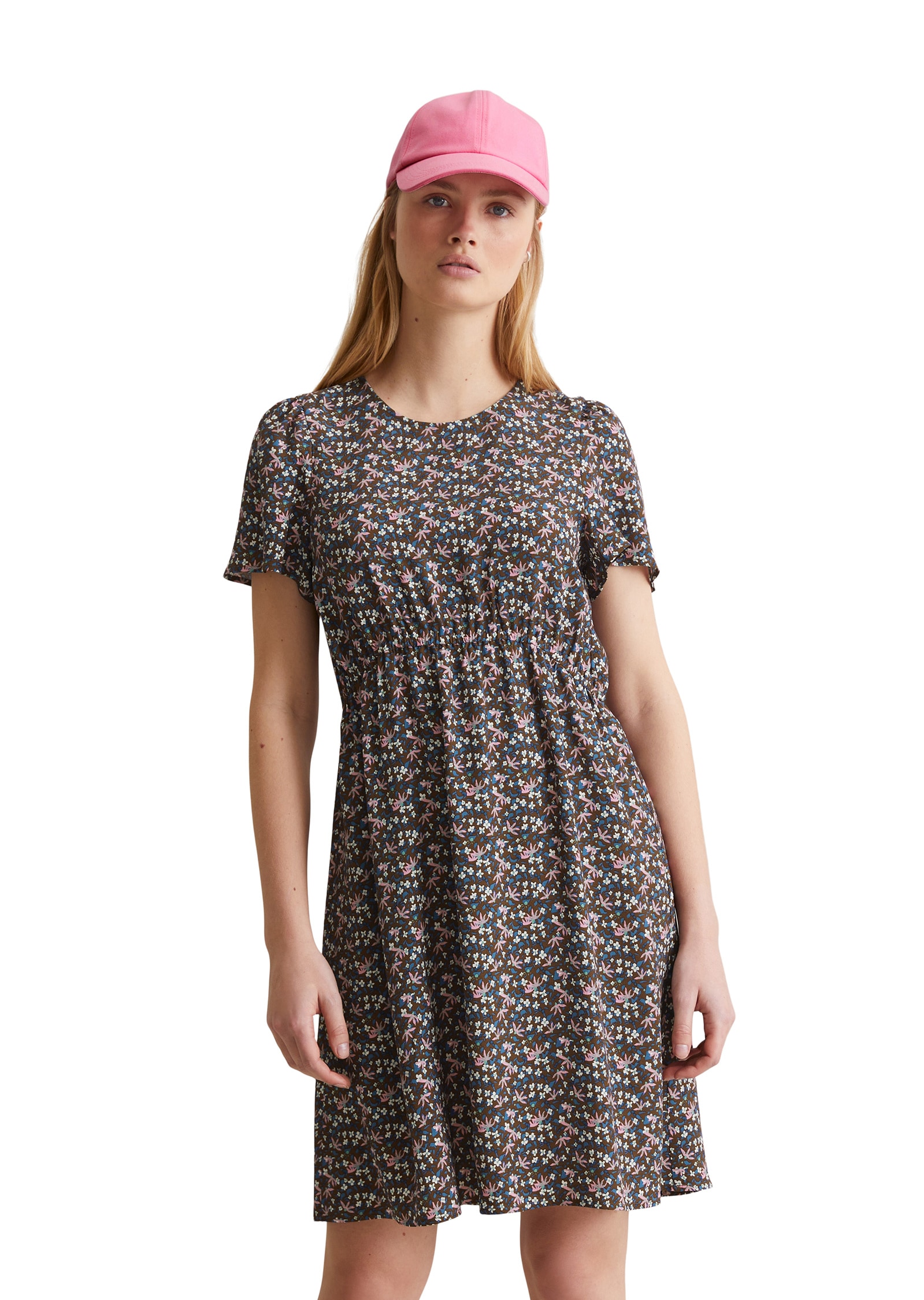 Minikleid MARC O'POLO DENIM "aus LENZING™ ECOVERO™", Damen, Gr. S, Normalgrößen, braun (medium braun), Obermaterial: 100% Viskose, bedruckt, regular fit kurz, Rundhals, Kleider Minikleid