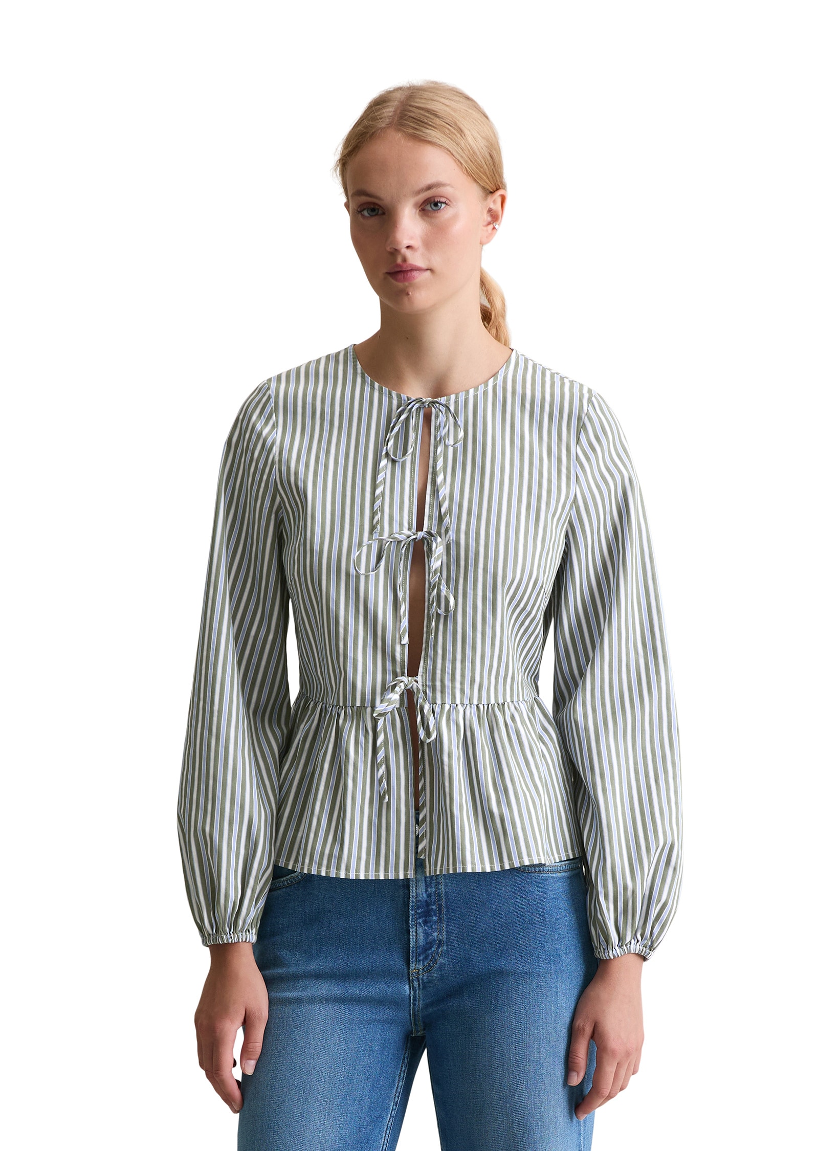 Langarmbluse MARC O'POLO DENIM "aus Baumwoll-Dobby", Damen, Gr. XL, grün (light grün), Obermaterial: 100% Baumwolle, gestreift, körpernah normal, Bündchen, Blusen