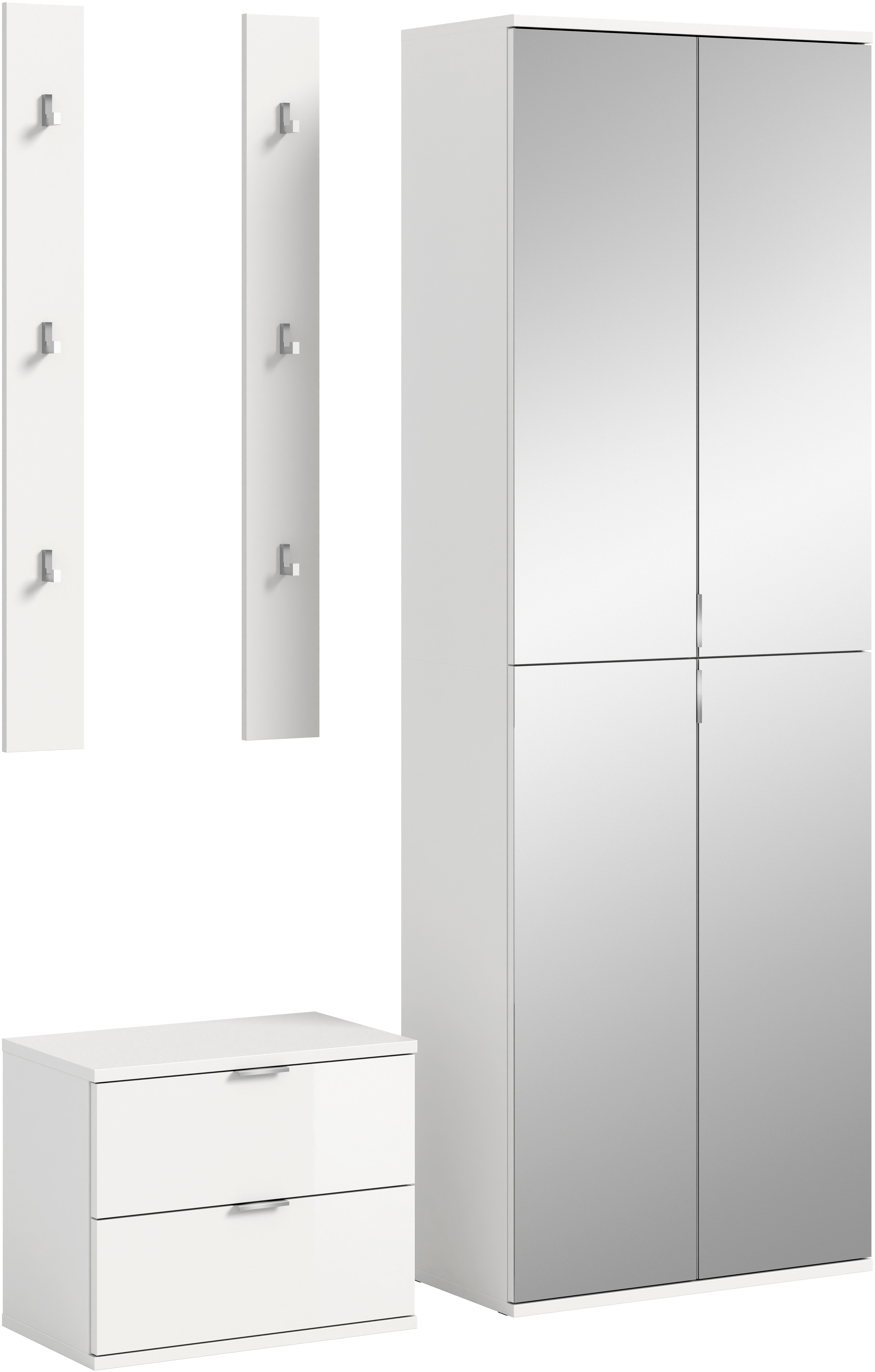 Garderoben-Set INOSIGN "Trondheim, Garderobenset 3-tlg. Breite 128 cm", weiß, B:128cm H:191cm T:37cm, Kastenmöbel-Sets, hochglanz, best. aus: Spiegelschrank, 2er Set Paneele,Kommode, Flur