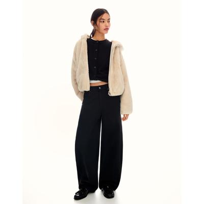 Bershka Hooded Faux Fur Jacket Women L Sand
