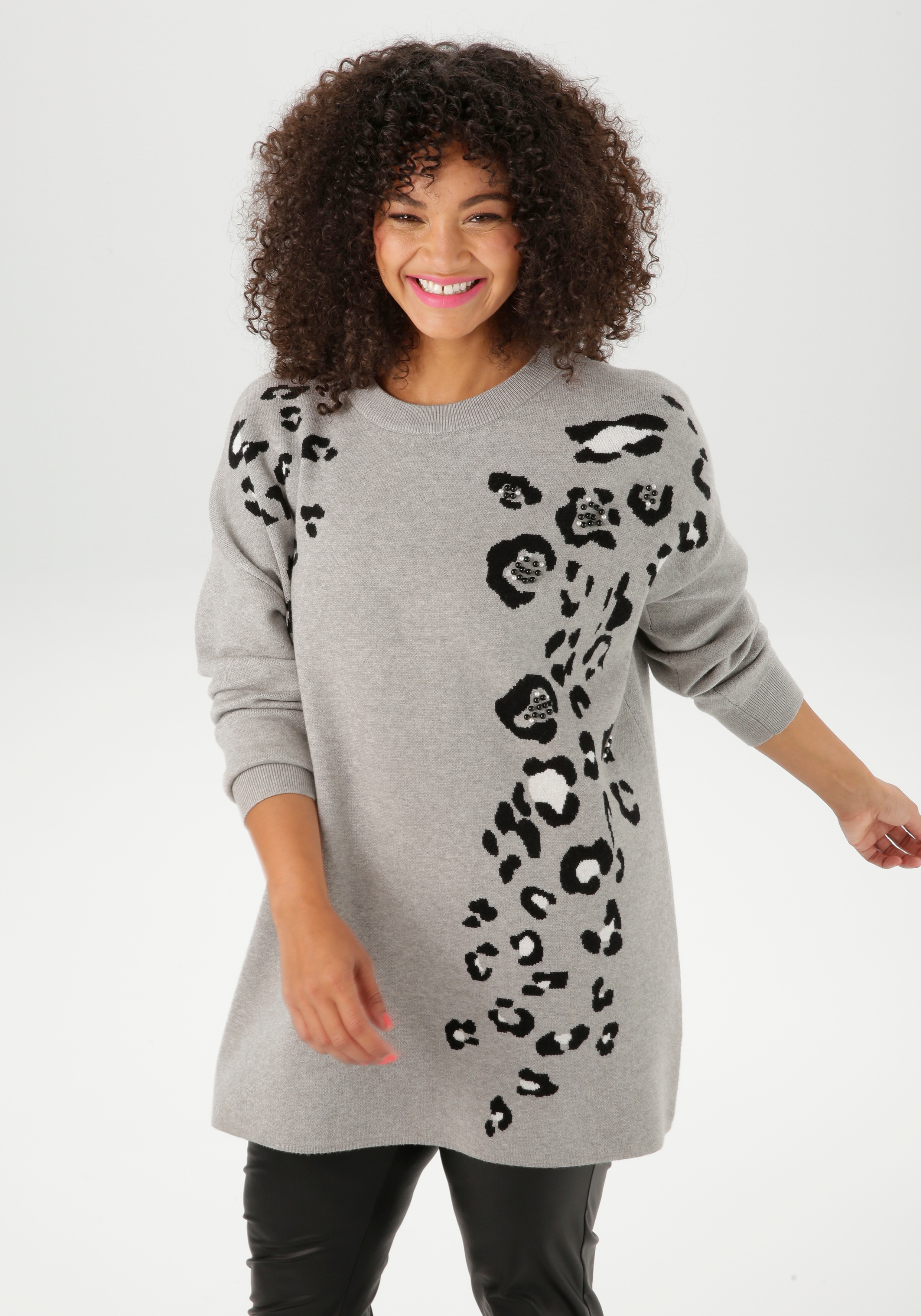 Strickpullover ANISTON PLUS, Damen, Gr. 48, grau, schwarz, weiß, melange, Strick, Obermaterial: 50% Viskose, 28% Polyester, 22% Polyamid, animal-print, figurumspielend hüftlang, Rundhals, Rippbündchen, Pullover Strickpullover, mit Animal-Deatils und...