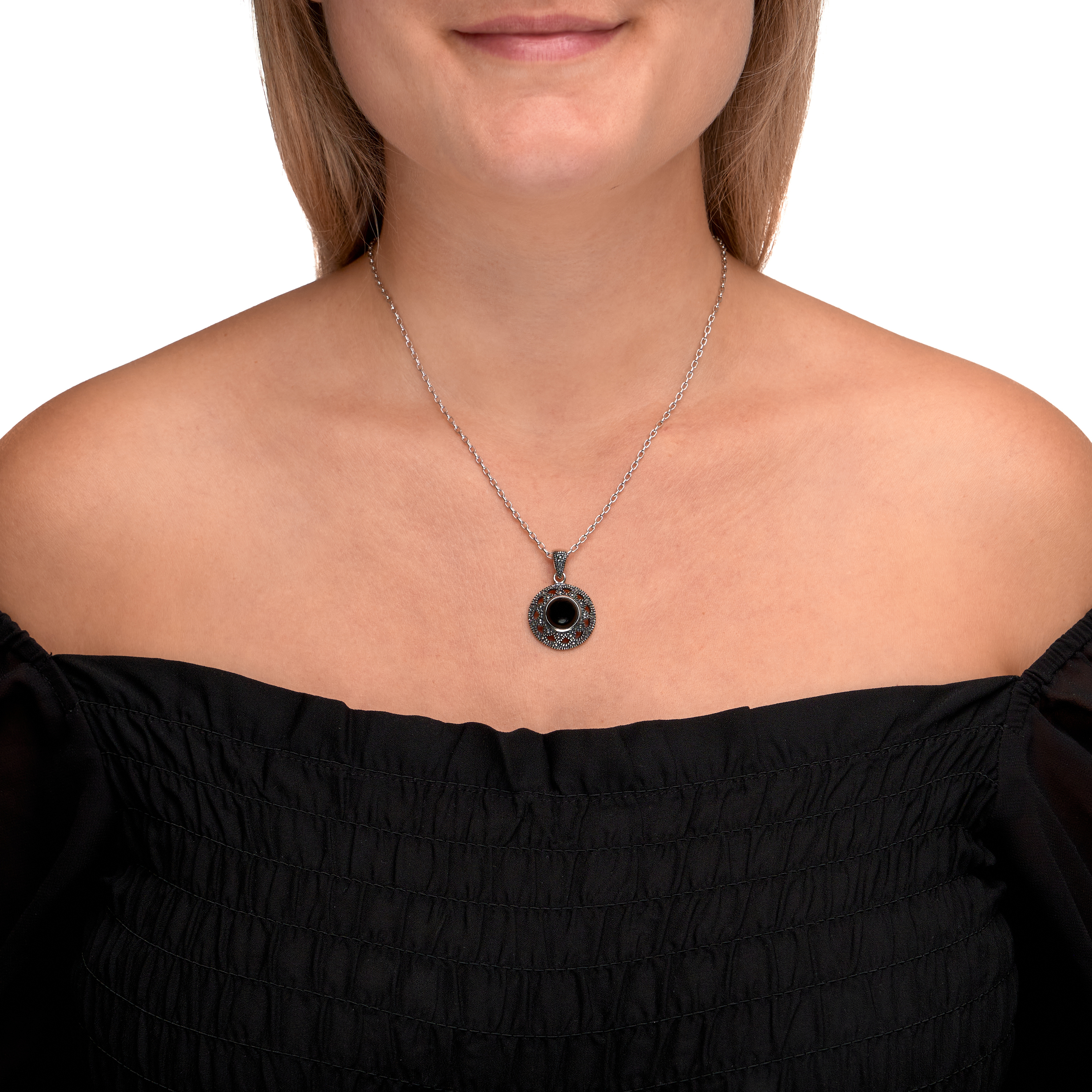 Zeeme Gemstones Halskette Silber 925 oxydiert 45cm lang mit schwarzem Achat 10mm Image