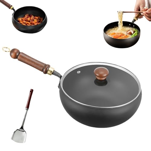 Usceshonn Iron Pot, Handmade Hammered Large Belly Pot, Suntuup Japanese Iron Pan Uncoated Thick Ironpot, Non-Stick Large Belly Cooking Pots with Lid for Cooker Gas Stir Fry Pans (Glass Lid,26cm)