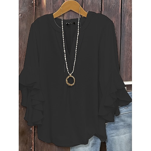 Per donna Blusa con texture Blusa Volant Tinta unica Elegante Manica 3/4 Scollo a V Top Regolari Quotidiano Nero Bianco Rosa Verde militare Primavera Autunno