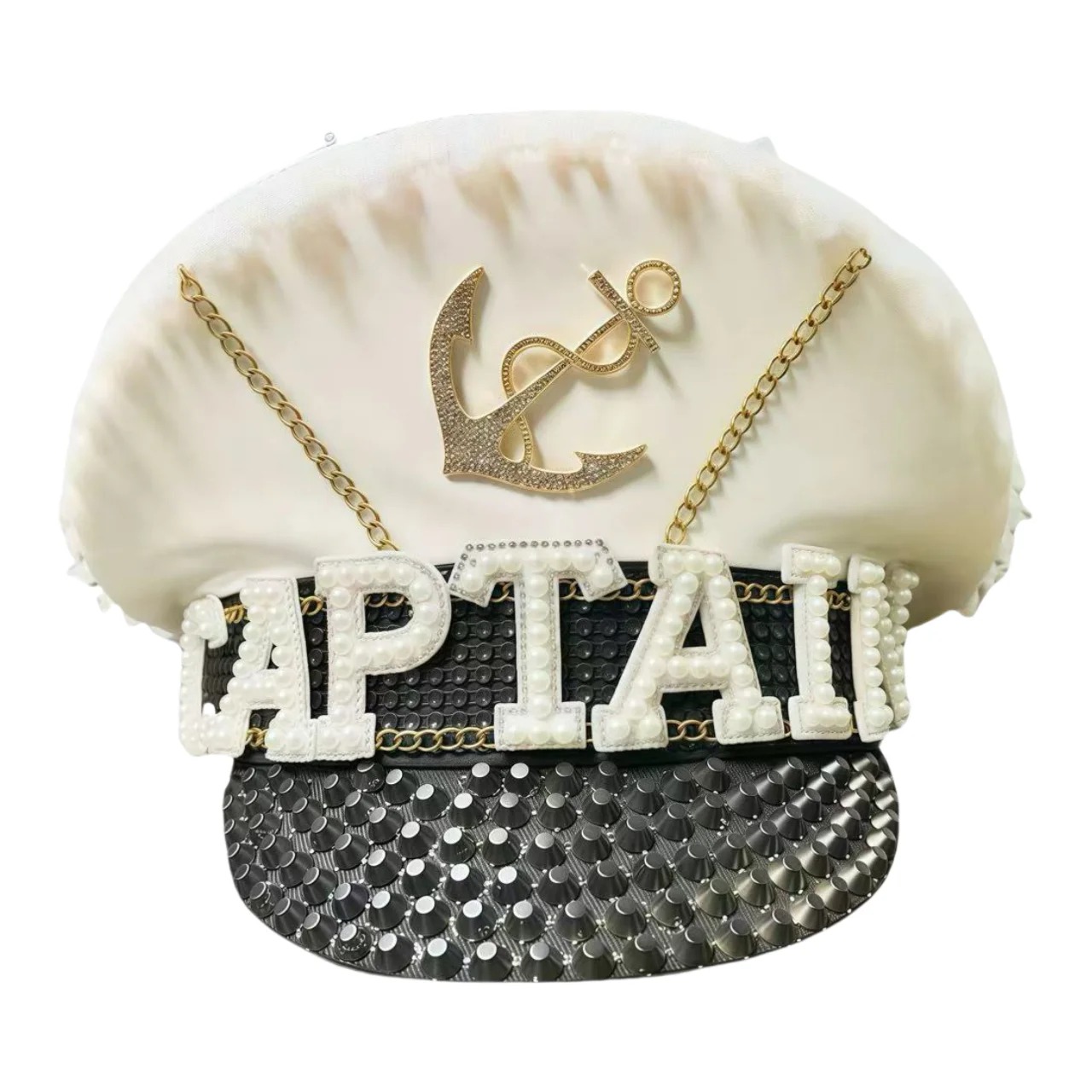 HongLuan Schwarz-Weiß-Steampunk-Kapitänshut mit Strasssteinen für brennende Männer, Festival-Frau – Vintage-Militärkappen für Männer mit Spitze