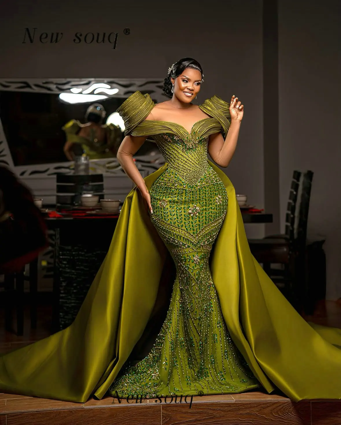 Aso Ebi Nigeria Grün Zwei Stücke Abend Party Kleider Angepasst Luxus Kristalle Perlen Hochzeit Empfang Party Kleider Plus Größe