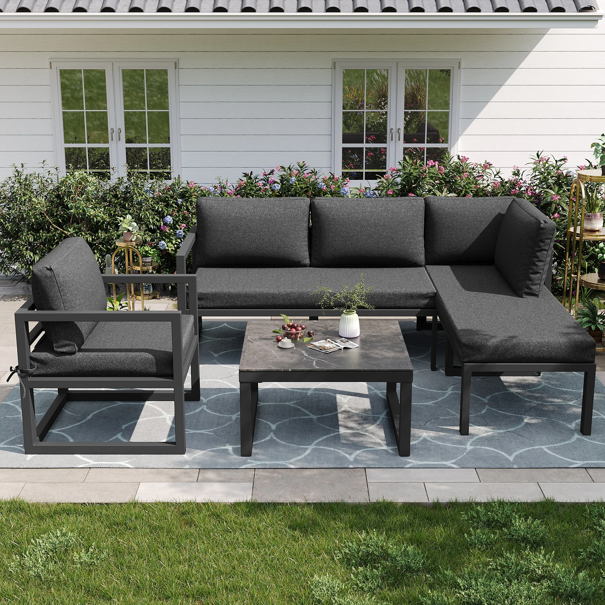 Ensembles de meubles de jardin (lot de 4) : Ensemble repas, ensemble canapé de jardin, ensemble de jardin, canapé d'angle, ensemble de sièges avec pieds réglables, avec coussin, gris