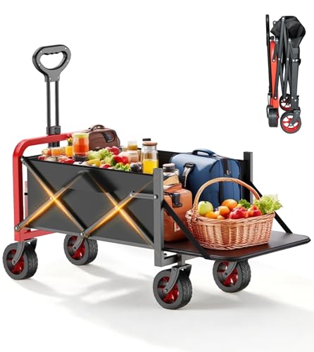 Folding Camping Trolley 350LBS, Festival Trolley on Wheels, 200L Folding Wagon, Portable Camping Cart, Lightweight Outdoor Utility Foldable Wagon Cart for Beach Outdoor Garden Picnic Shopping Fishing