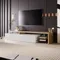 Rosahqnda Meuble TV pour salon, meuble TV bas, tableau central, avec LED, 2 cloisons en verre, 3 tiroirs, blanc haute brillance