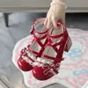 Lolita Rote High Heels Niedliche Pumps Schuhe Frühling Herbst Spitze Dicke High Heels Einzelne Schuhe Lackleder Mary Jane Damenschuhe