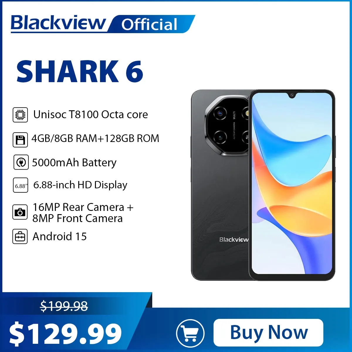 Blackview SHARK 6 5G Smartphone Android 15, Unisoc T8100 Mobiltelefon 6,88'' 120 Hz Display 8 GB/128 GB, 5000 mAh entsperrtes Mobiltelefon Image