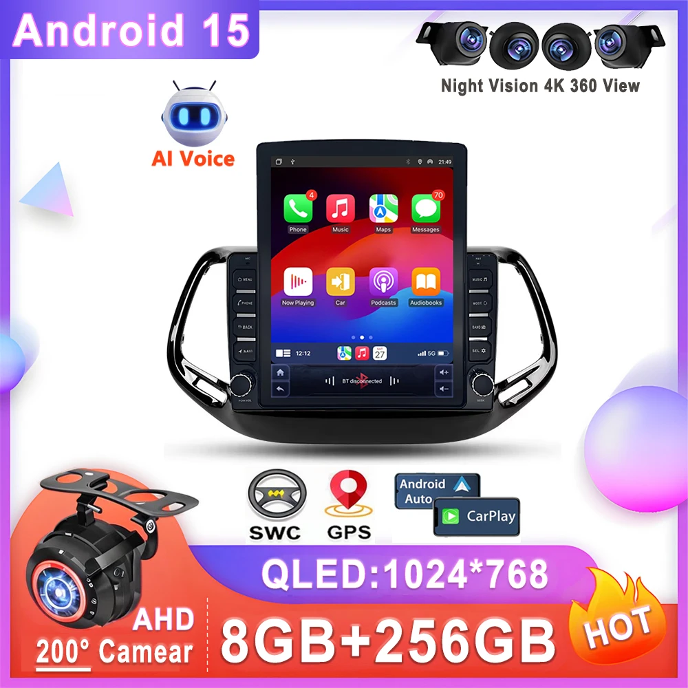 Android 15 Da 9.7 Pollici Per Jeep Compass 2 MP 2016 - 2018 Auto DVD Android Auto Multimedia Radio Stereo Touch Screen di Navigazione GPS