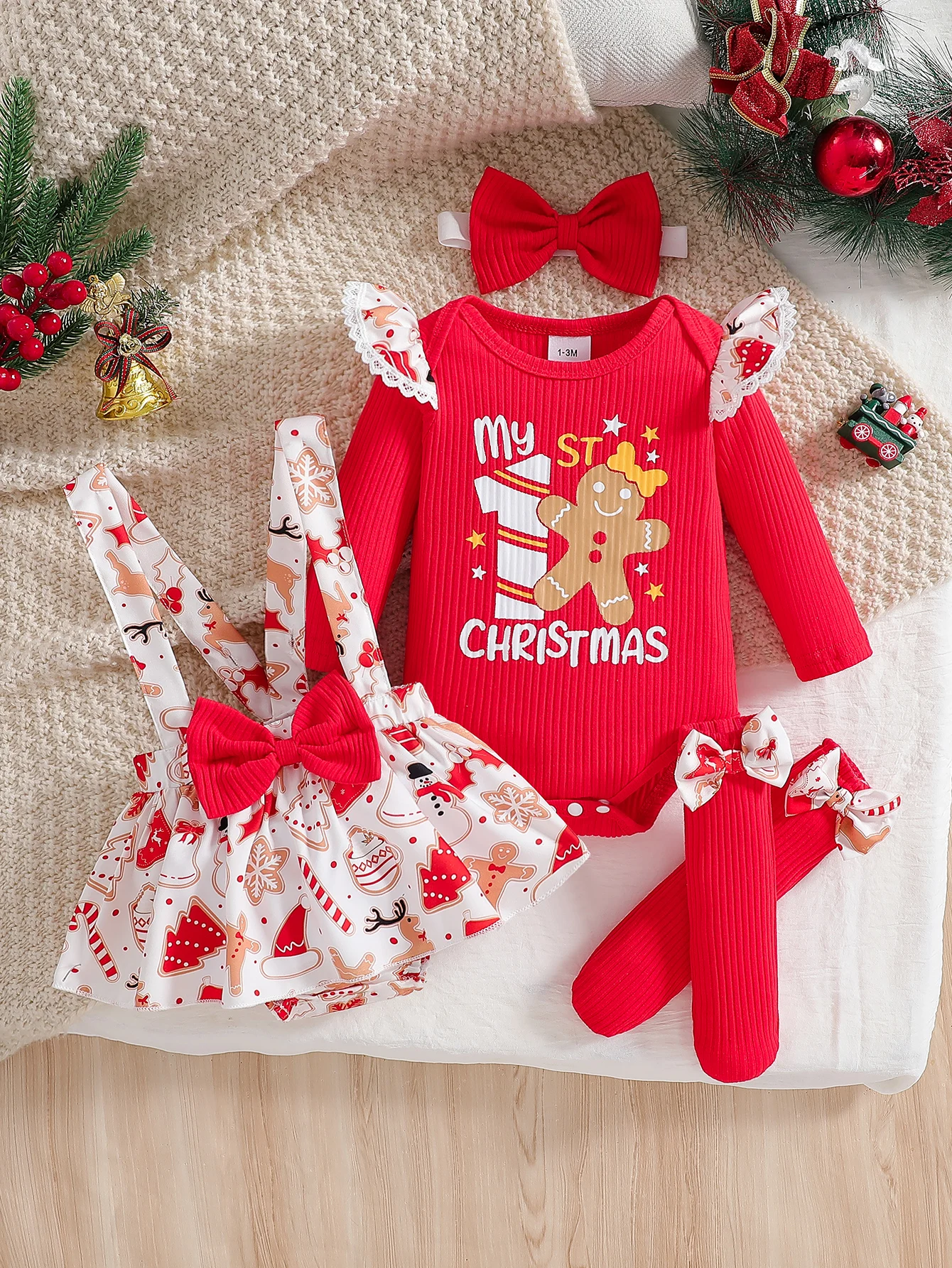 Süßes Weihnachtskostüm für Babys, Mädchen, Rundhalsausschnitt, gerüschter Langarm-Overall und Straps-Overall, rote Schleifensocken und Schleifenstirnband Image