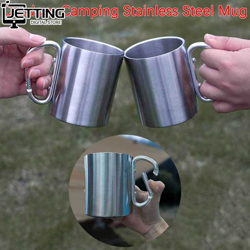 220/300 ml Camping Reise Edelstahl Tasse Karabiner Haken Griff Picknick Wasser Becher Outdoor Reise Wanderung Tasse Outdoor camping Tassen Image