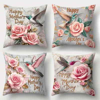Home Decor Happy Mother'S Day Hummingbird & Roses Pattern Cushion Cover Suitable For Sofa Bedroom Car Pillow Cover Image