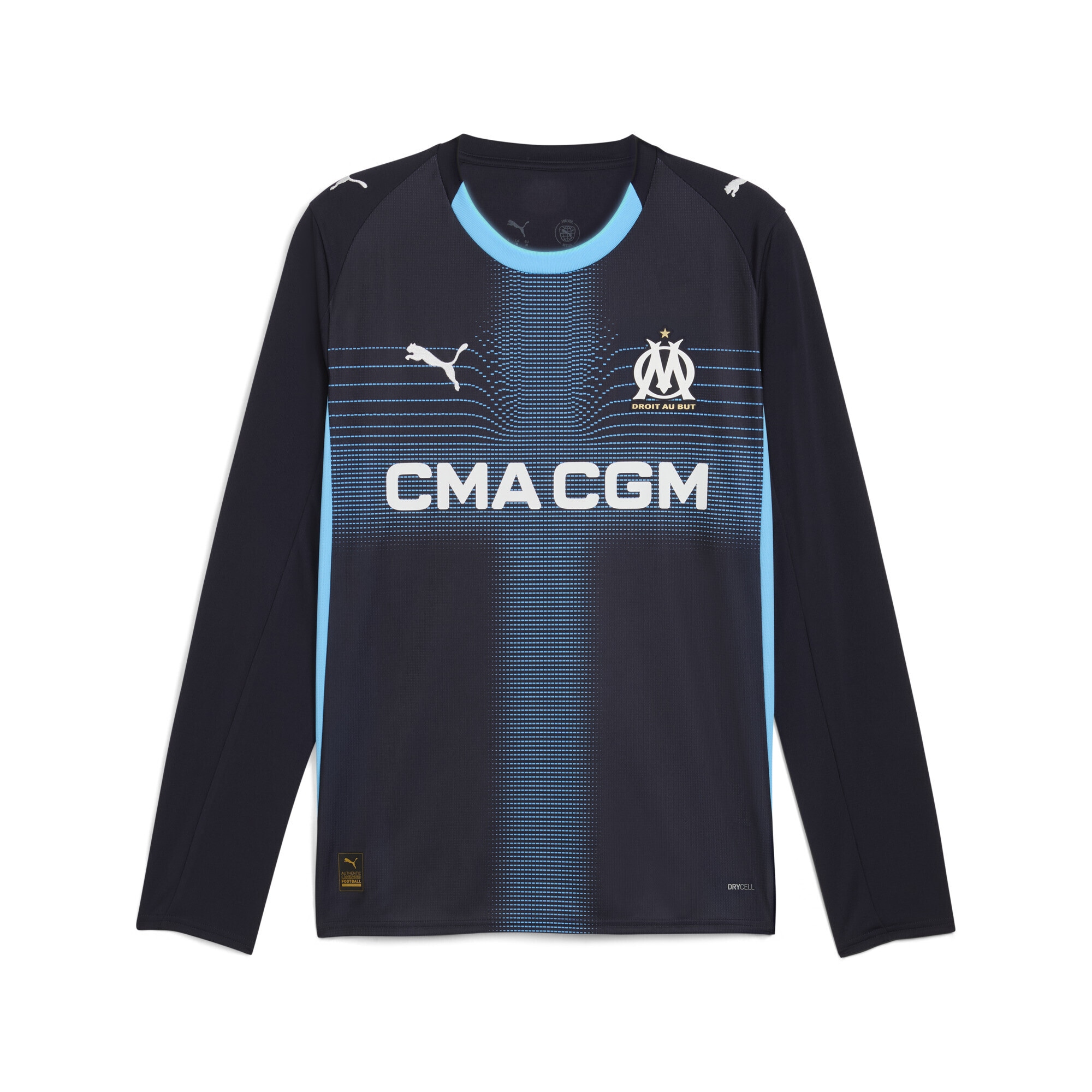 Trainingsshirt PUMA "Olympique de Marseille 25/26 Langarm-Auswärtstrikot Herren", Herren, Gr. L, new navy luminous blau, Obermaterial: 100% Polyester; Rippe: 100% Polyester, regular fit, Rundhals, Shirts