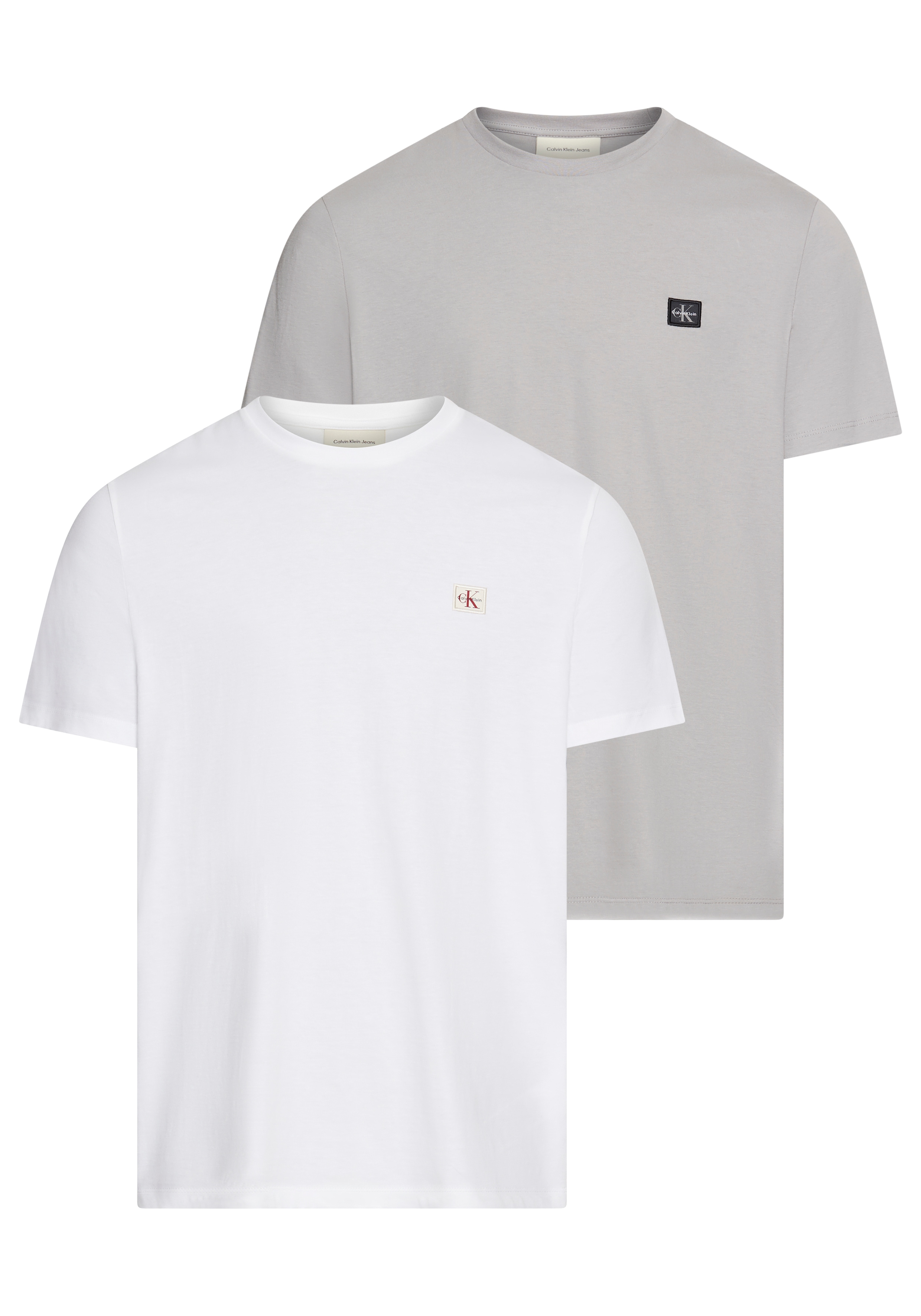 T-Shirt CALVIN KLEIN JEANS "SS BADGE TEE 2 PACK", Herren, Gr. XL, weiß (hellweiß, formal gray), Single Jersey, Obermaterial: 100% Baumwolle, regular fit normal, Rundhals, eingesetzt abgesteppte Kante, Shirts, Mit Rundhalsausschnitt Image