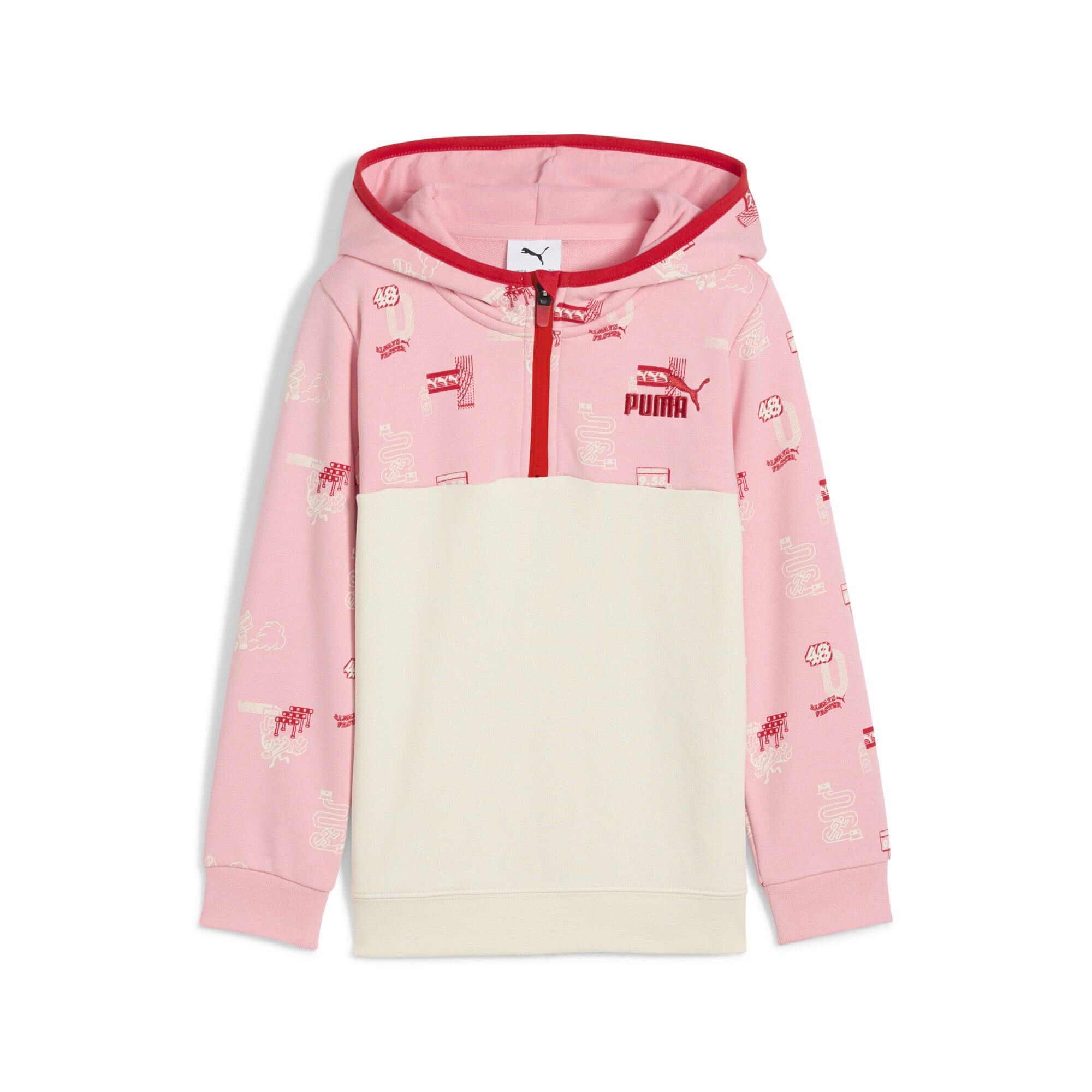 Sweatshirt PUMA "Little Runners Hoodie mit Reißverschluss bis zum Hals Kinder", Mädchen, Gr. 98, weiß (alpine snow weiß), Obermaterial: 68% Baumwolle, 32% Polyester; Rippe: 97% Baumwolle, 3% Elasthan, normal, Sweatshirts Sweatshirt