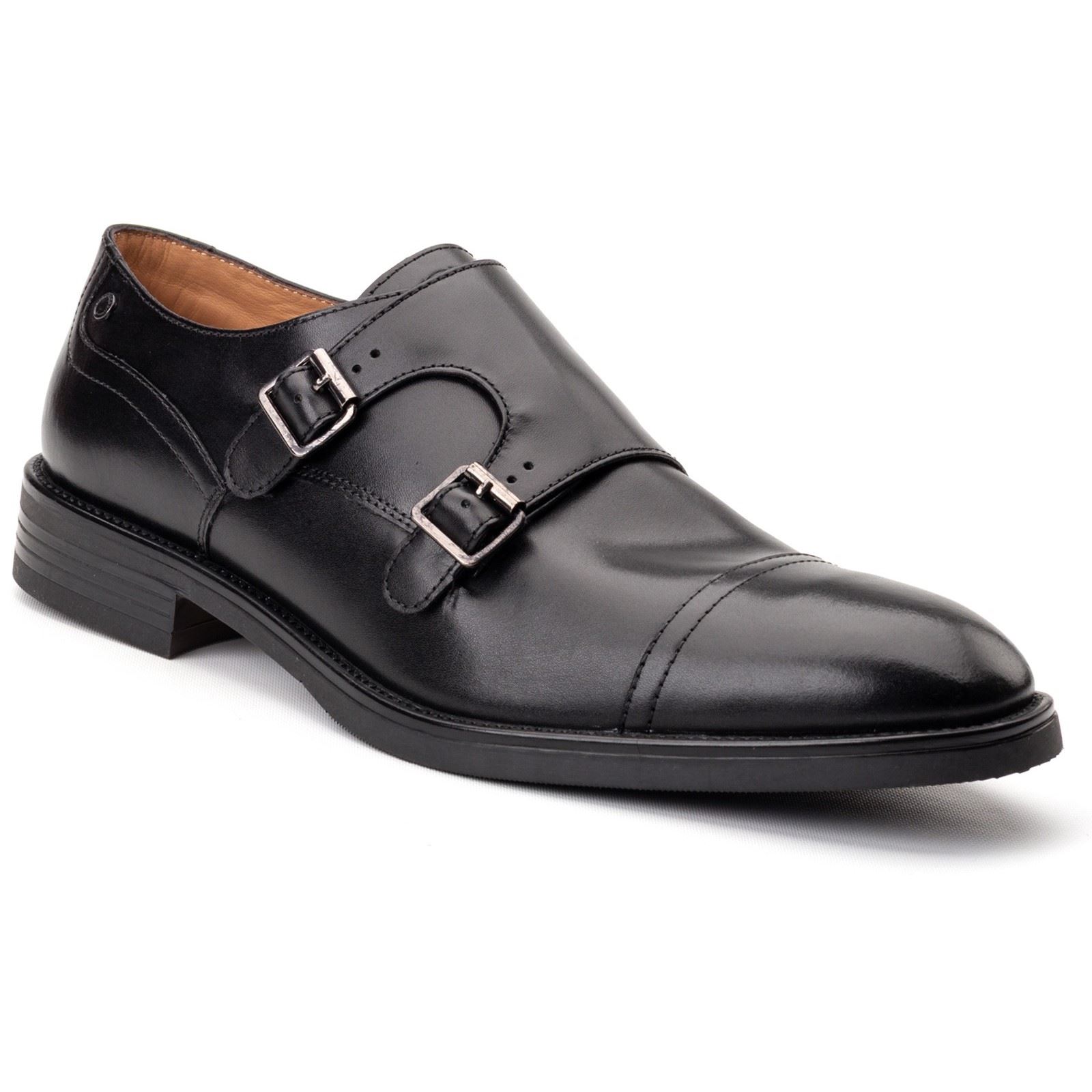 Base London Taper Leder Herren Schwarz Doppelte Monk Schuhe