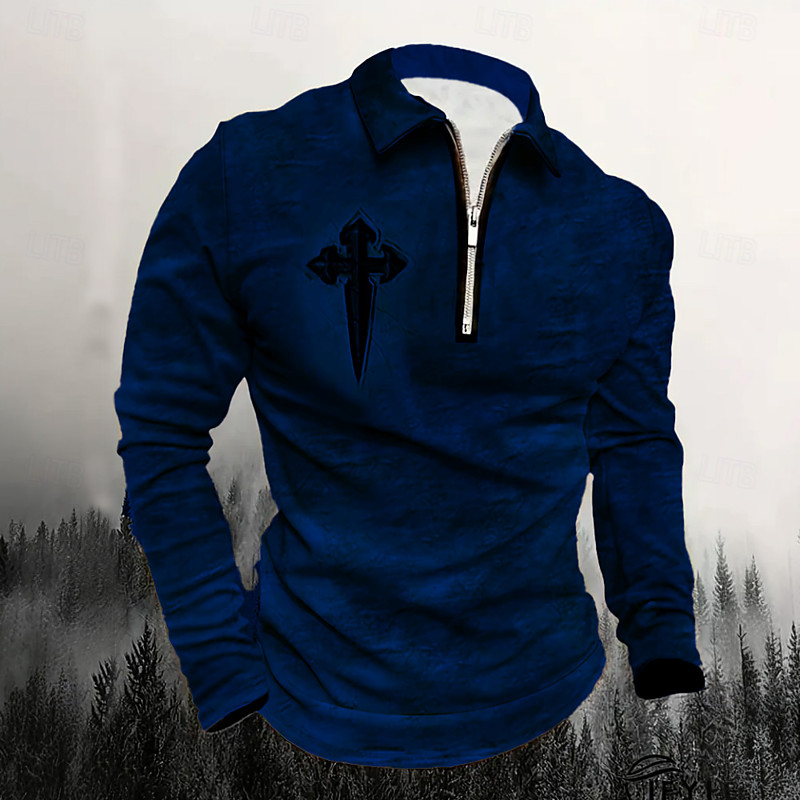 Male Graphic Cross Polo Long Sleeve Turndown Vintage Style Casual Sports Outdoor Athleisure Casual Daily Zipper 3D Print Spring Fall Winter Dark Grey Blue Brown