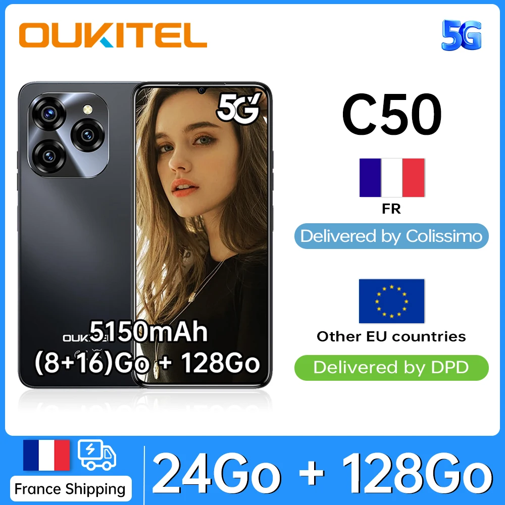OUKITEL C50 Téléphone débloqué 5G-Android Smartphone 14, 24GO + 128go/1to, Smartphone débloqué 5100mAh, appareil photo 50MP, Ec
