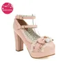Süße Lolita-Cosplay-Schuhe für Damen, Schleife, mittlerer klobiger Absatz, Rockabilly, Retro-Spike-Heels, Mary Janes, Plateau-Pumps mit Schnallenriemen