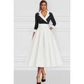 Elegantes A-Linien Cocktailkleid mit Revers und Tasche knöchellanges formelles Hochzeitskleid aus Satin glitzernde Falten Pailletten Schwarz und Weiß 3/4-Ärmel