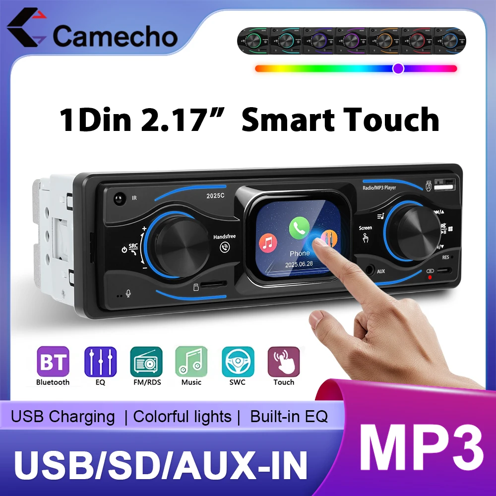 Camecho 1 Din Autoradio MP3-Player In-Dash-Touchscreen Autoradio Bluetooth USB/SD/AUX-IN Bunte Lichter Lenkradsteuerung