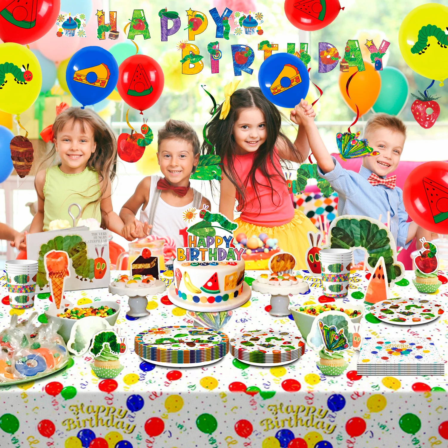 117 Stück Hungry Caterpillar Geburtstagsdekorationen und Geschirr-Teller, Banner, Luftballons usw. The Very Hungry Caterpillar Partyzubehör Image