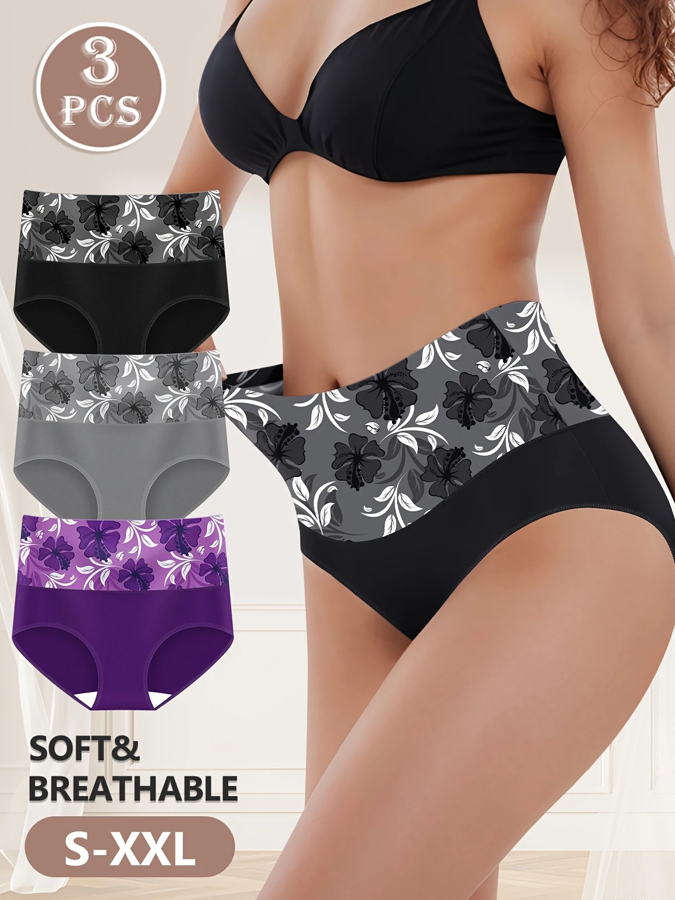 3er-Pack atmungsaktive Damenunterwäsche mit hoher Taille – weiche Triangel-Slips mit Blumendruck, Bauchkontrolle und mittlerer Halt, Image