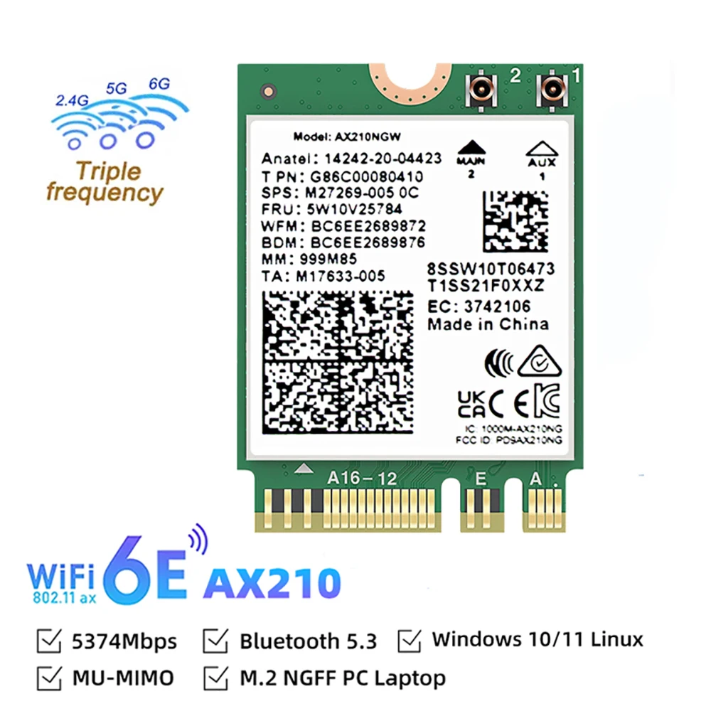 WiFi 6E M.2 Karte AX210 Bluetooth 5,3 2,4 GHz 5 GHz 6 GHz 5374 Mbit/s 802.11ax für Laptop PC Windows 10 11 Image
