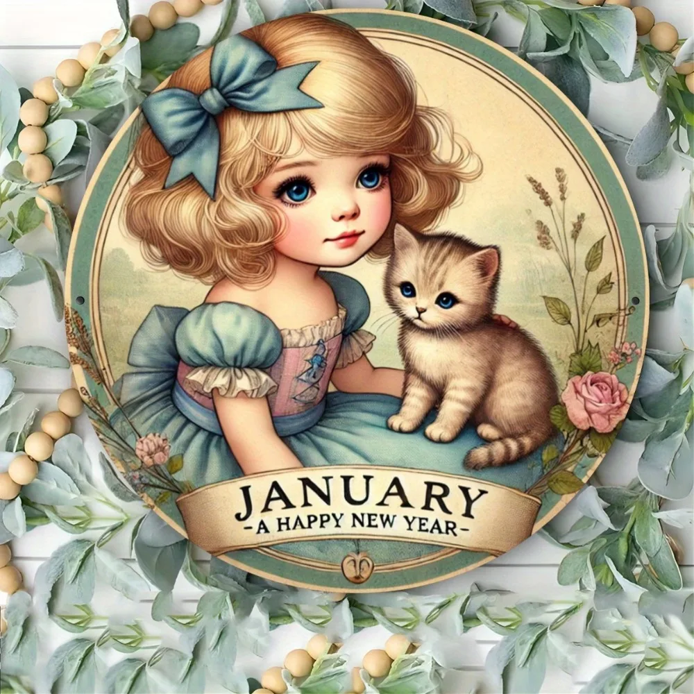 Vintage Januar „Ein frohes neues Jahr“ Eisen-Wandkunst – 20,3 x 20,3 cm rundes Metallschild, Zuhause, Büro, Küche, Café-Dekoration, ideales Weihnachtsgeschenk Image