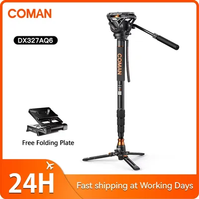 COMAN DX327AQ6 Aluminiumfaser-Video-Einbeinstativ-Flüssigkeitskopf, kompatibel mit Manfrotto DJI RS2 3, mit Schnellwechselplatte für DSLR-Kamera