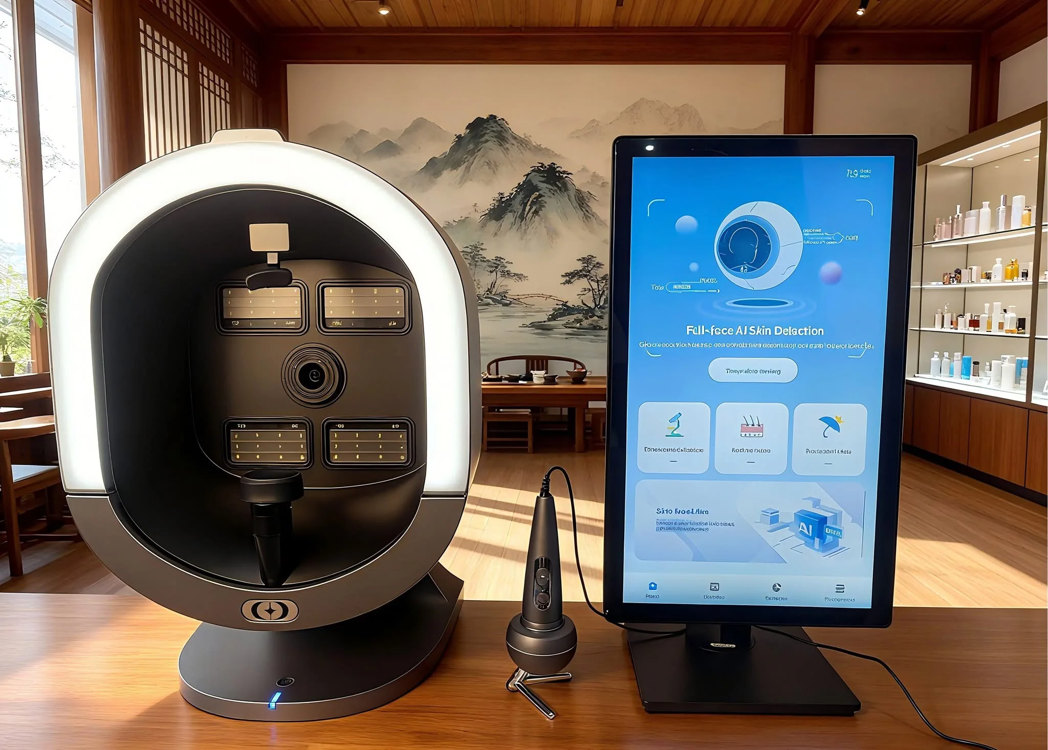3D Magic Ai Test facciale Specchio Lampada in legno Scanner per acne Rilevatore di pelle Analizzatore di pelle Tester facciale Analizzatore facciale Macchina