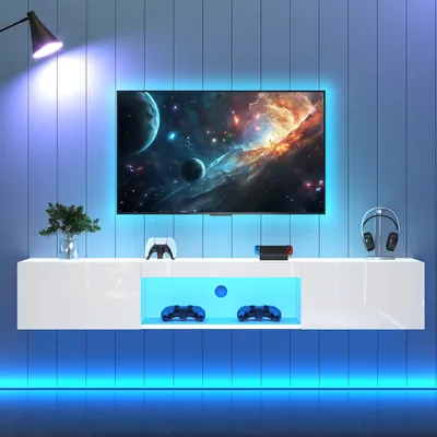 30kg Load White High-gloss Wall Cabinet With LED Lighting Bluetooth APP Control Wall-mounted Stand For 70-inch TV 160*31*22cm