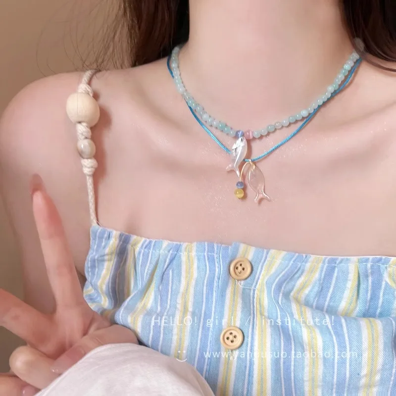 Urlaubsstil am Meer, Perlen-Halskette mit kleinen Fischen, süß, modisch, individuell, hochwertiges Aussehen, vielseitige Halskette Image