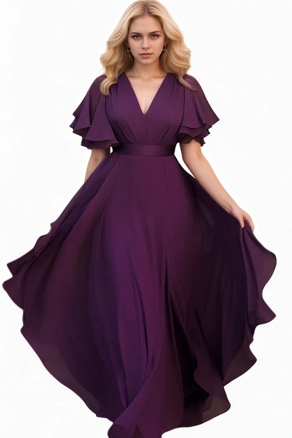 Damen-Chiffon-Kleid in Übergröße, Rüschenärmel, sexy V-Ausschnitt, lila, einfarbig, plissiert, A-Linie, elegant, Party, Club, Hochzeit, Gast, Maxikleid