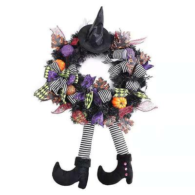 Halloween Wreaths for Front Door, Halloween Witch Wreath Black Wreath with Hat Witches Legs Pumpkin, Halloween Door Wreath Black Witch Wreath for Door,Porch,Window,Indoor and Outdoor Decor