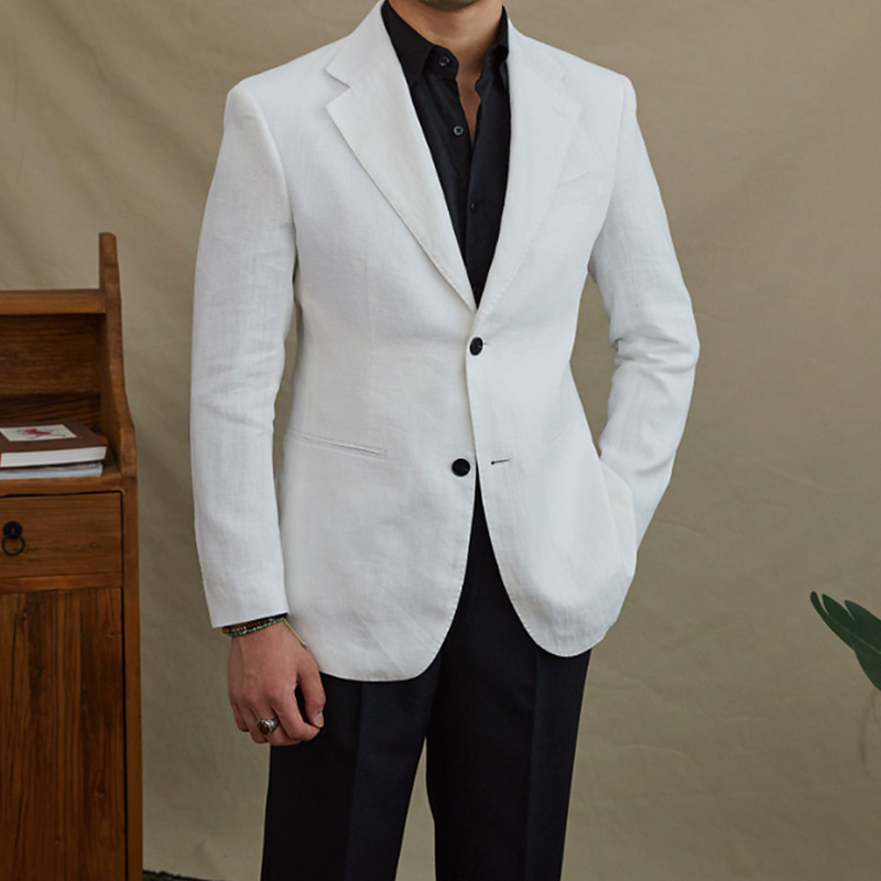 Men 100% Linen Blazer Blazer Jacket Linen Blazer Formal Wedding Christmas Elegant Vintage Summer Spring 100% Linen Solid Color Pocket Single Breasted Two-button Blazer Black White Orange Army Green