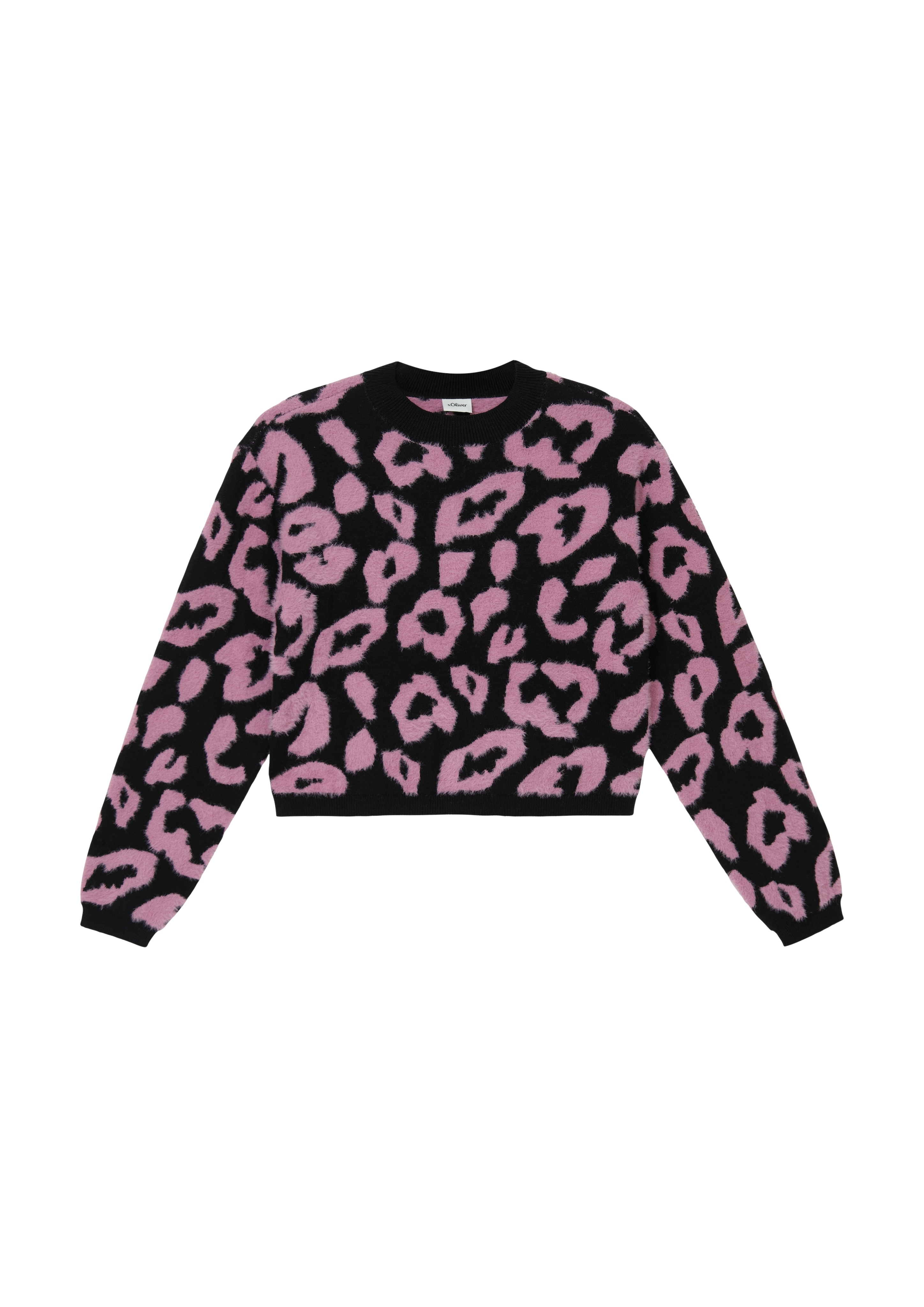 Strickpullover S.OLIVER JUNIOR, Jungen, Gr. 158/164, schwarz (lila, schwarz), Strick, Obermaterial: 100% Polyamid, animal-print, bedruckt, loose fit normal, Rundhals, Bündchen, Pullover Strickpullover, mit Leo-Print