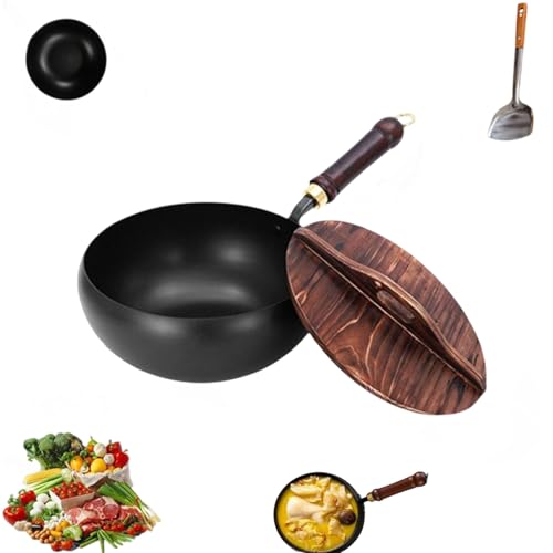 Uncoated Thick Iron Pot, Suntuup Japanese Iron Pan, hand-forged non-stick pan, big belly uncoated non-stick pot, Triple Stainless Steel, Large Capacity & Deep (L-28cm,Smooth-Wood Cover)
