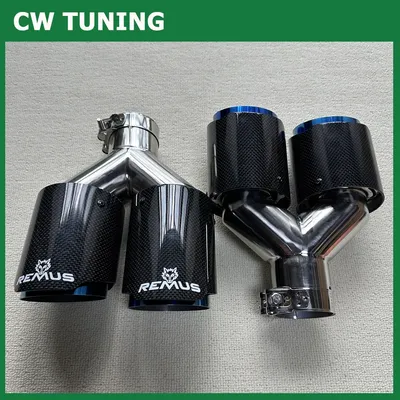 Remus 2Pcs Y Pipe Dual Exhaust Tips Car Universal Glossy Carbon Fiber Blue Stainless Double Exit Exhaust Pipes Muffler Tailpipe