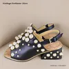 Faux Pearls verzierte Slingback-Sandalen, quadratisch, offener Zehenbereich, Blockabsatz, Freizeitschuhe, Damen, Sommer, Schnallenriemen, Party, High Heels
