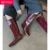 QUTAA 2026 Mode Frauen Kniehohe Stiefel Kuh Leder Warme Niedrigen Keil Heels Motorrad Stiefel Platz Frau Dame Kleid Schuhe 34-43