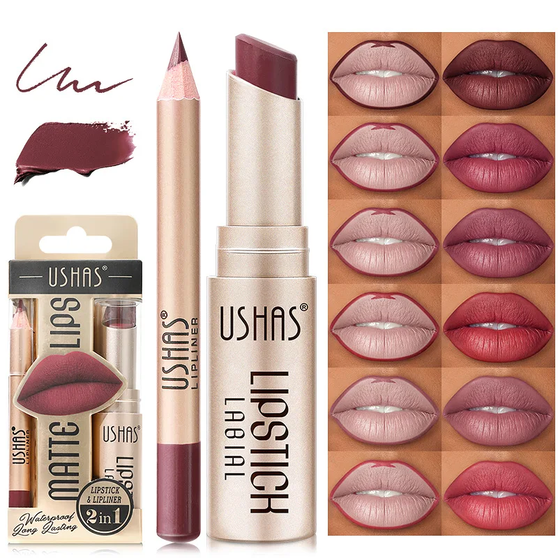 12-farbiges mattes Lippenstift-Set, langlebiger nackter roter Lippenstift mit Lipliner, nicht trocken, leicht färbendes Lippen-Make-up-Set Image